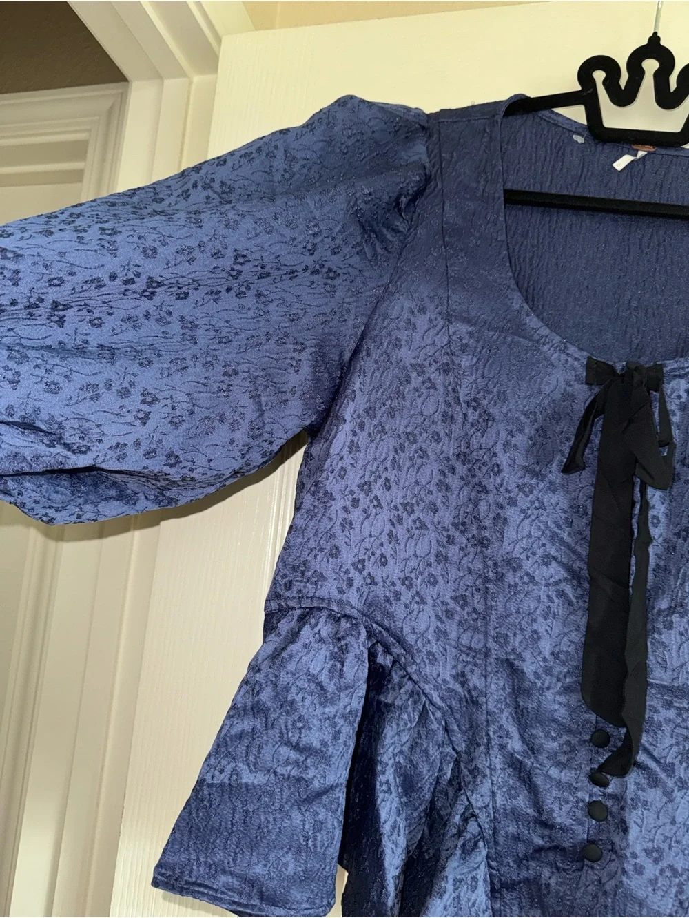 Free People Navy Peplum Blouse with Black bow, New plastic tag attached